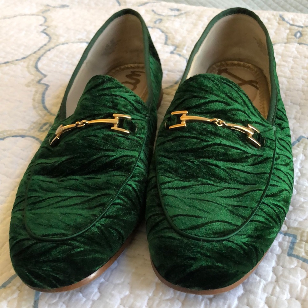 Sam Edelman Green Velvet Loafers with Gold Hardware